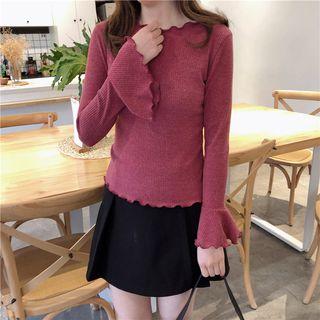 Plain Bell-sleeve Slim-fit Top