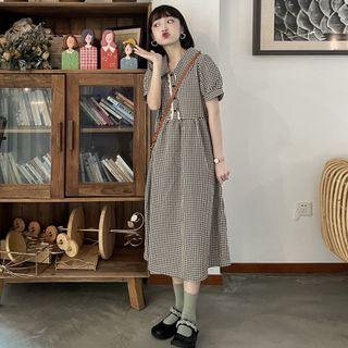 Puff-sleeve Collared Gingham Midi Shift Dress 99383 - Plaid - Black & White - One Size