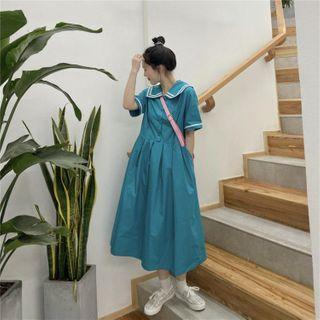 Contrast Trim Short-sleeve Midi Shift Dress As Shown In Figure - One Size
