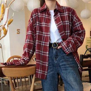 Long-sleeved Plaid Shirt Red - One Size