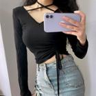 Halter Long-sleeve Cropped Top Black - One Size
