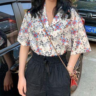 Short-sleeve Floral Loose-fit Shirt White - One Size