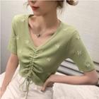 Floral Embroidered Short-sleeve Drawstring Knit Top