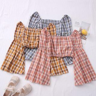 Boatneck Bell-sleeve Plaid Crop Top