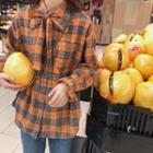 Bow Accent Long-sleeve Plaid Shirt As Shown In Figure - One Size
