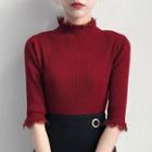 Lace Trim Elbow Sleeve Knit T-shirt