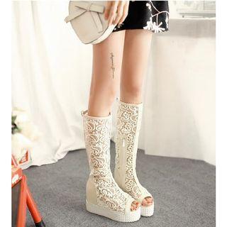 Lace Peep-toe Platform Tall Boots