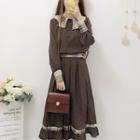 Plaid Panel Blouse With Tie / Midi A-line Skirt