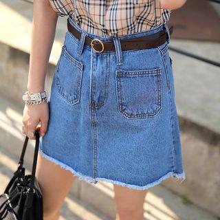 Pocket-front Denim A-line Skirt With Belt
