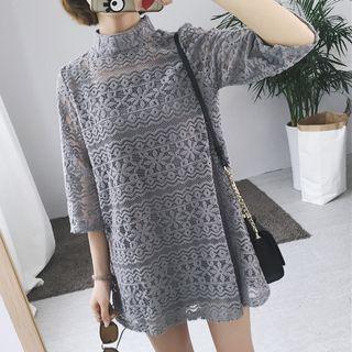 Set: Plain Slipdress + Mock-neck Lace 3/4-sleeve Dress