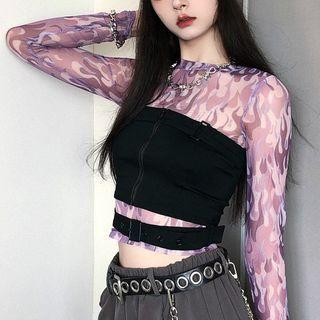 Long-sleeve Fire Print Mesh T-shirt / Shirred Bandeau
