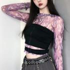 Long-sleeve Fire Print Mesh T-shirt / Shirred Bandeau
