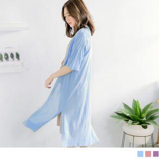 Open Front Elbow Sleeve Long Cardigan