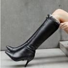 Pointy Fringed Trim Stiletto Heel Tall Boots