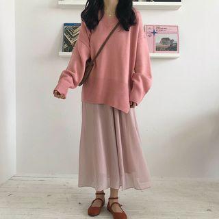 V-neck Sweater / High Waist Midi A-line Skirt