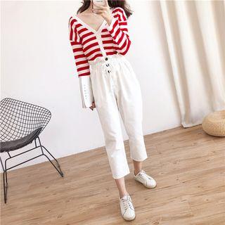 Set: Long-sleeve Striped Knit Top + Cropped Tapered Pants