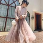 Set: V-neck Sweater + Sheer Midi A-line Skirt
