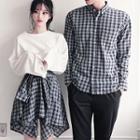Couple Matching Plaid A-line Skirt / Crew-neck Long-sleeve T-shirt / Plaid Shirt