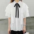 Bow Accent Ruffle Trim Short-sleeve Blouse