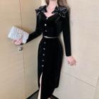Long-sleeve Ribbon Velvet Midi Sheath Dress