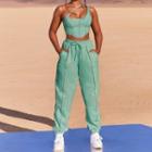 Set: Plain One-shoulder Cropped Top + High-waist Sweatpants