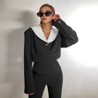 Contrast Sailor-collar Cropped Jacket Black - One Size