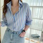 Wide-cuff Cotton Stripe Shirt Sky Blue - One Size