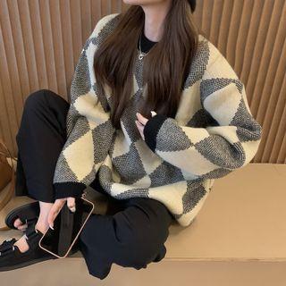 Long-sleeve Plaid Knit Sweater Plaid - One Size
