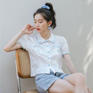 Embroider Two Tone Button-up Ruffle Blouse