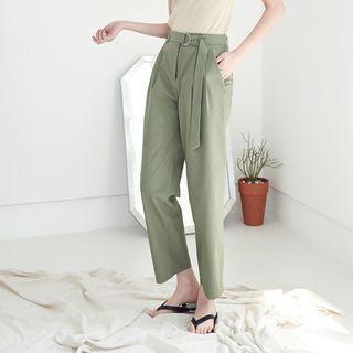 Fat-front Pintuck-trim Pants With Sash