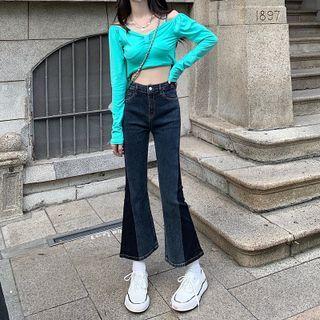 Midi Waist Patched Crop Flared Jeans