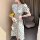 Puff-sleeve V-neck Floral Midi Dress