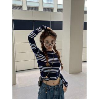Striped Long-sleeve Cropped Top As Shown In Figure - One Size