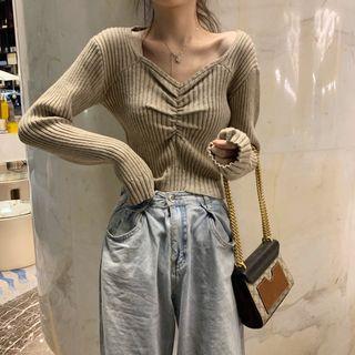 Long-sleeve Crinkled Knit Top As Shown In Figure - One Size