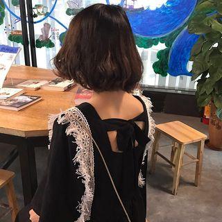 Elbow-sleeve Lace Trim A-line Midi Dress Black - One Size