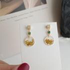Gold Leaf Disc Dangle Earring 1 Pair - S925 Silver - Green Bead - Gold - One Size