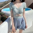Short-sleeve Drawstring Two-tone Swimdress
