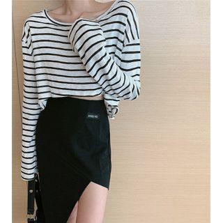 Long-sleeve Striped T-shirt / High-waist Asymmetric Skirt