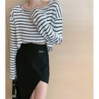 Long-sleeve Striped T-shirt / High-waist Asymmetric Skirt