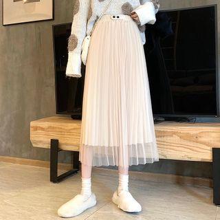 Buttoned Mesh Pleated Midi Skirt