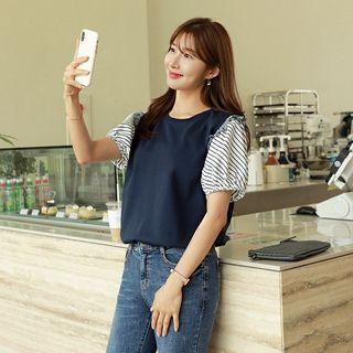 Stripe-panel Puff-sleeve T-shirt