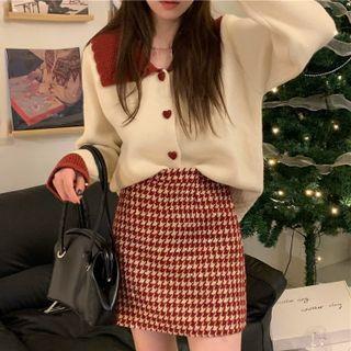 High Waist Houndstooth Sequined Mini A-line Skirt