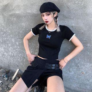 Embroidered Cropped T-shirt Black - One Size