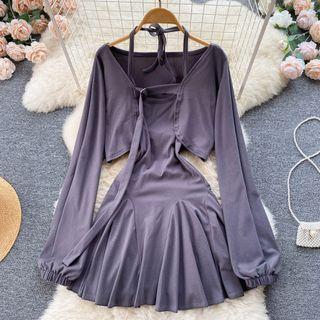 Set Of 2 : Long-sleeve Lace-up Bolero + Suspender Halter Plain Dress
