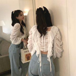 Shirred Square-neck Long-sleeve Blouse