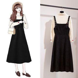 Heart Embroidered Sweater / Midi Overall Dress / Set