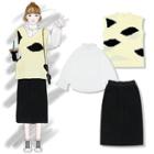 Plain Shirt / Color Block Knit Vest / Midi Straight-fit Skirt