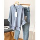 Pinstriped Dip Back Blouse / Washed Straight Leg Jeans