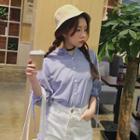 Faux Pearl Pinstriped 3/4 Sleeve Shirt