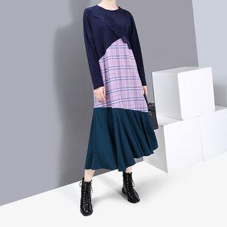 Plaid Panel Long-sleeve Midi Shift Dress